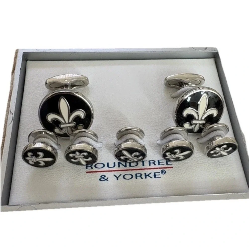 Roundtree And Yorke Cuff Link And Studs Fleur de Lis Silver Black Tux French